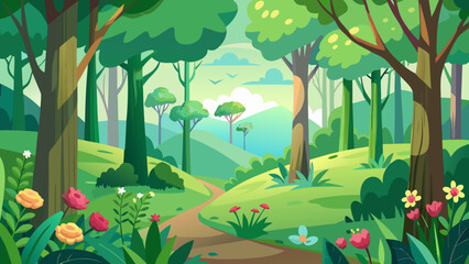 Vector art of a charming cartoon forest with a dirt path meandering through verdant trees and blooming flowers, bathed in soft daylight