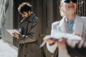 Business individuals focusing on their work in an outdoor setting, one using a digital device,...