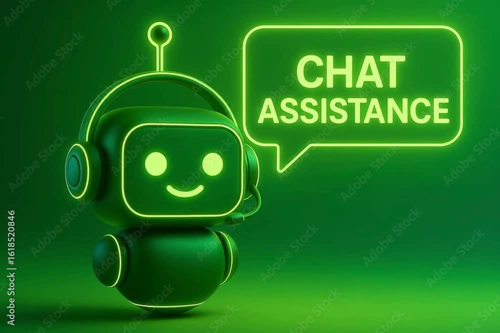 Poster an animated robot representing digital assistance, exuding approachability. it communicates through 