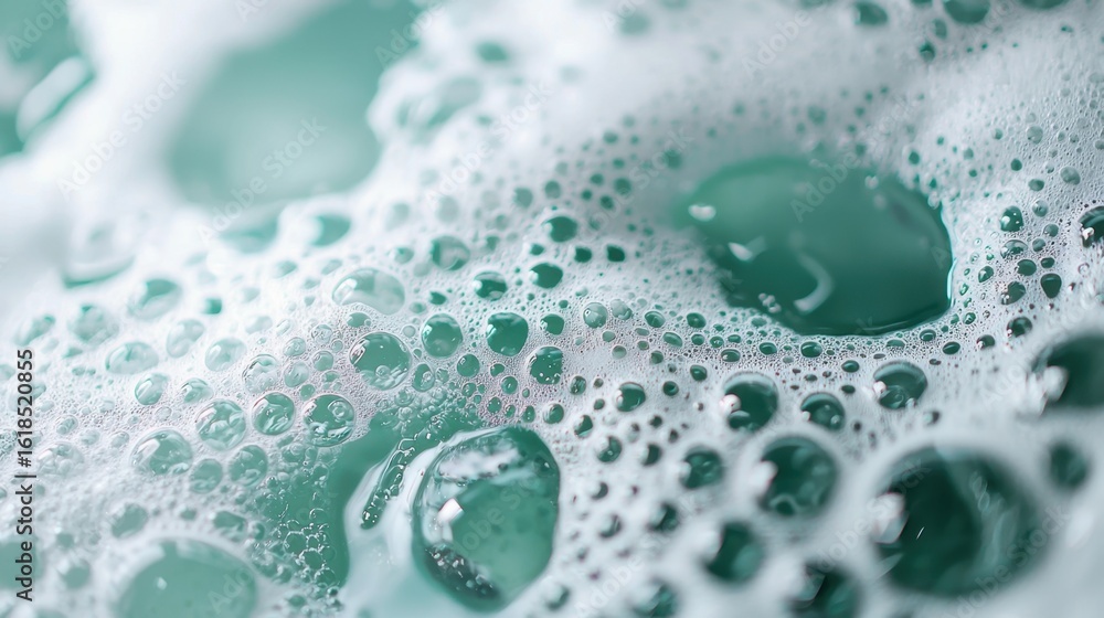Poster close up of tiny clear and blue water drops and foam bubbles on wet surface. abstract background of 