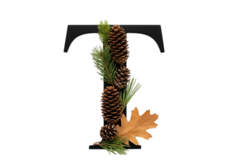 Letter t decorated with pine cones and autumn leaves isolated on transparent background