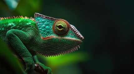 Obraz premium Bright green chameleon with detailed scales resting on a branch in a vibrant rainforest environment