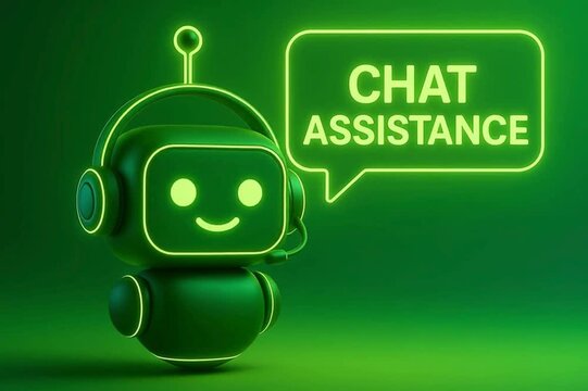 An animated robot representing digital assistance, exuding approachability. It communicates through a speech bubble, inviting to a conversation for support.
