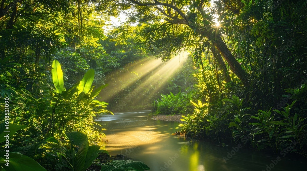 Poster sunlight filters through dense foliage in a tranquil jungle with a winding stream reflecting golden 