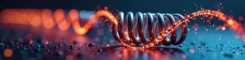 Close-up of a metallic spring oscillating, creating visible waves, demonstrating physics principles of energy transfer and vibration , wavelength, technology