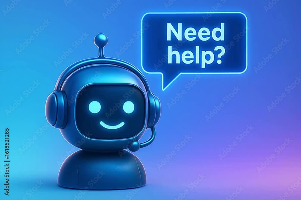 Poster an endearing ai chatbot with headphones and a speech bubble is displayed with the text “need help?”.