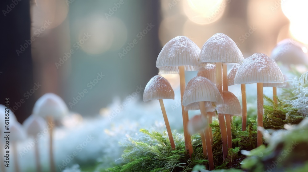 Poster small mushroom group growing on forest floor. natural setting with soft light and bokeh background. 