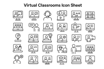 Virtual Classroom Icon Set: A collection of modern, vector-based icons representing various aspects of virtual classrooms and online learning, conveying the core concepts of education.