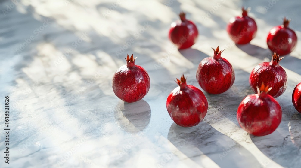 Poster pomegranate marble fruits arranged on a bright surface with soft shadows creating a beautiful aesthe