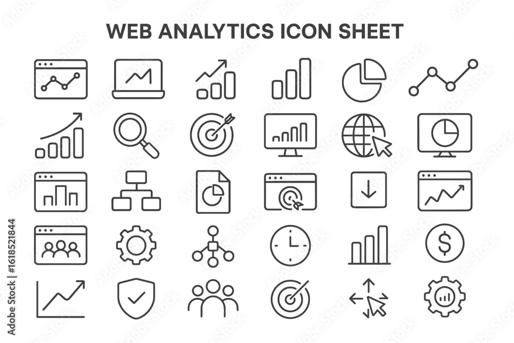 Poster web analytics icon sheet: a comprehensive set of sleek, simple, and detailed icons representing vari