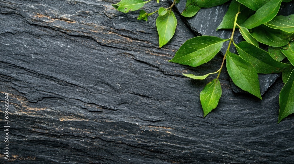 Poster fresh green leaves resting on a textured dark stone surface create a natural and calming aesthetic s