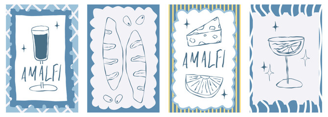 Amalfi poster with lemon and food outline style. Hand drawn poster summer amalfi with lemon. Doodle sketch stamp and summer food.