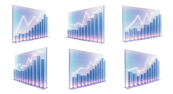 3D graphs illustrating business statistics performance visualization against a white background useful for economic reports and presentations