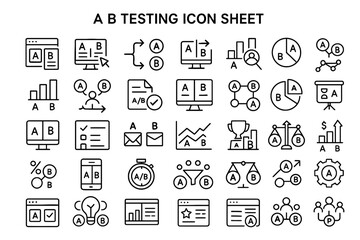 A B Testing Icons: A comprehensive collection of icons, illustrating various aspects of A/B testing in a clear and informative style.