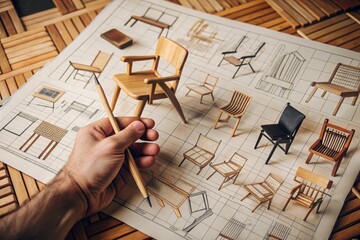 Designer s hand holding tools over miniature chair designs and blueprints