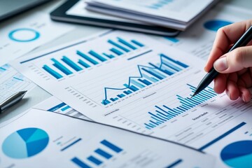 Hand analyzing financial charts and graphs with a pen