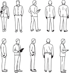 CAD Drawing. Vector illustration of men, women, standing walking talking in front back and side view. Symbol for architecture and landscape design drawing