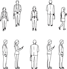 CAD Drawing. Vector illustration of men, women, standing walking talking in front back and side view. Symbol for architecture and landscape design drawing
