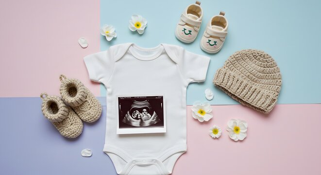 Baby gender reveal, featuring a baby onesie, booties, a hat, and an ultrasound image