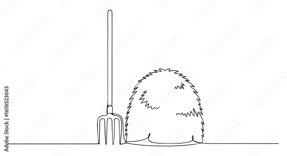 Aufkleber haystack with pitchfork in minimal line style illustration with a hay bale. haystack shown with pitc