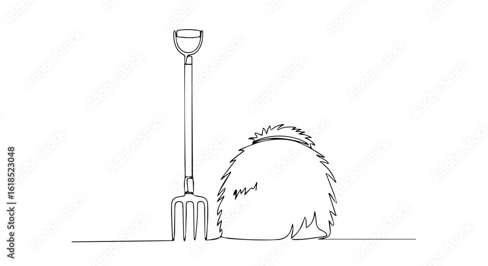 Poster pitchfork and haystack outline art, a simple pitchfork and haystack line drawing. minimalist pitchfo
