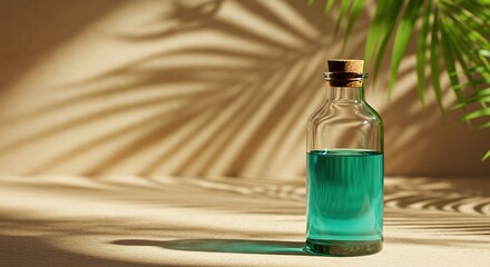 Pure and refreshing: a simple glass bottle of blue-green liquid, evoking a tropical and natural feel.