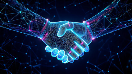 Digital Handshake Representing Partnership Innovation and Technology Connecting Globally for Business Success with Futuristic Design