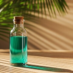 Spa-like tranquility: a clear bottle of vibrant liquid, beautifully illuminated by natural light and palm shadows.