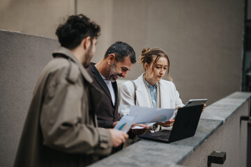 Three people gather outside to discuss tasks, using a laptop and paper documents, fostering...