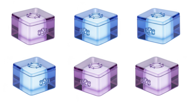 3D glass cubes arrayed displaying transparent meeting icon inside rendered on white background suitable for business or teamwork concepts
