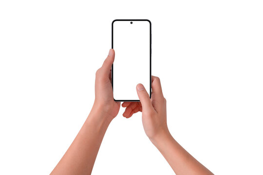 Hands using a smartphone with blank customizable screen isolated on transparent PNG.
