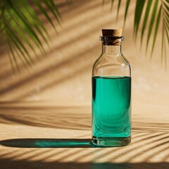 A striking clear bottle filled with aqua-colored liquid, highlighted by warm tropical sunlight and shadows.