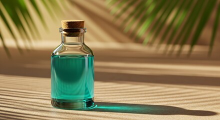 Minimalist product shot: a corked glass bottle with teal contents, featuring organic palm leaf patterns.