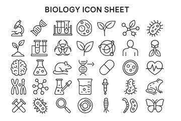Naklejka premium Biology Icon Sheet: A comprehensive sheet of essential biology icons, meticulously illustrated to visually represent a range of biological concepts, perfect for educational, scientific.