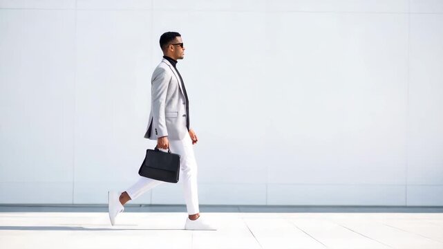 Confident man walking urban streets wearing white pants and blazer carrying briefcase with sunglasses showing strong stride