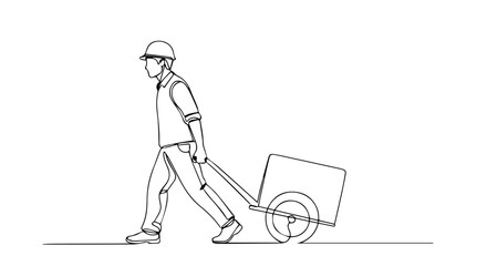 One line drawing illustration, construction worker pulling cart. Construction worker is a professional working, hauling supplies. This single line drawing of construction worker implies hard work,