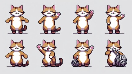 Eight pixel art cats in various poses with different expressions and one cat holding a yarn ball