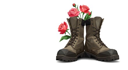 Military boots with roses often symbolizes remembrance and honor for fallen soldiers or veterans, isolated on white background