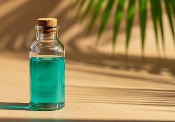 Natural essential oil bottle with a cork, casting shadows of palm fronds in a serene setting.