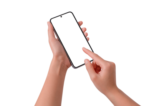 Hands using a smartphone with blank customizable screen isolated on transparent PNG.
 - Powered by Adobe