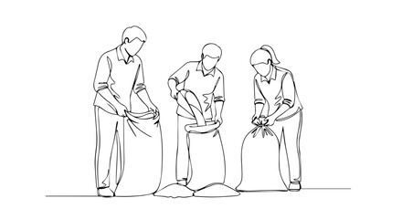 Fototapeta premium Line drawing style illustration shows people filling sandbags. People filling sandbags, a community response, shows unity and action in times of crisis. This line drawing,
