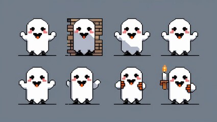 Obraz premium Pixel art ghosts with happy faces one peeking from a brick wall another holding a candle