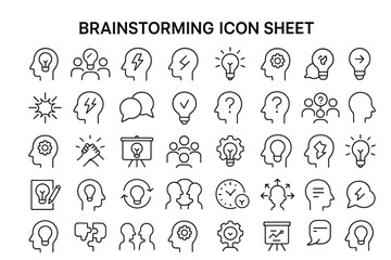 Brainstorming Icon Sheet: A set of clean, minimalist icons depicting a variety of concepts related to brainstorming, creativity, idea generation, and mental processes.