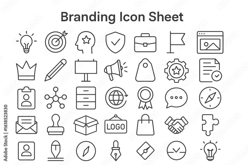 Poster icon array of brand identity: a detailed assortment of minimalist icons that represent a broad range