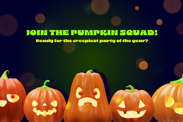 A horizontal 3D Halloween banner featuring five carved jack-o-lantern pumpkins arranged in a row. Party invitations, seasonal advertisements, or social media posts.
