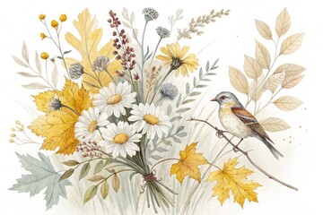 Delicate watercolor bouquet of wildflowers and a small bird in soft autumn hues