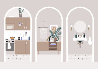 Exploring a stylish corridor adorned with three unique doorways that connect inviting spaces, featuring a warm kitchen, a cozy living area, and a serene bathroom setting