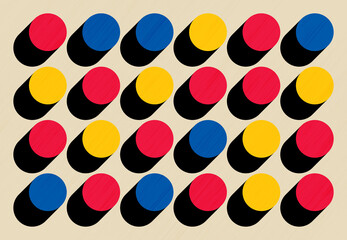 A grid pattern of colorful 3D circles in red, blue, and yellow with strong, elongated black shadows on a light background, creating a retro, pop-art effect.