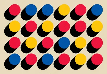  A grid pattern of colorful 3D circles in red, blue, and yellow with strong, elongated black shadows on a light background, creating a retro, pop-art effect. © DIMA RYKOV