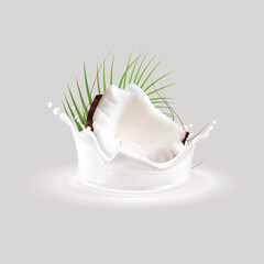 Coconut Splash with Milk and Palm Leaves  Tropical Refreshment, Natural Beverage, Exotic Drink 
